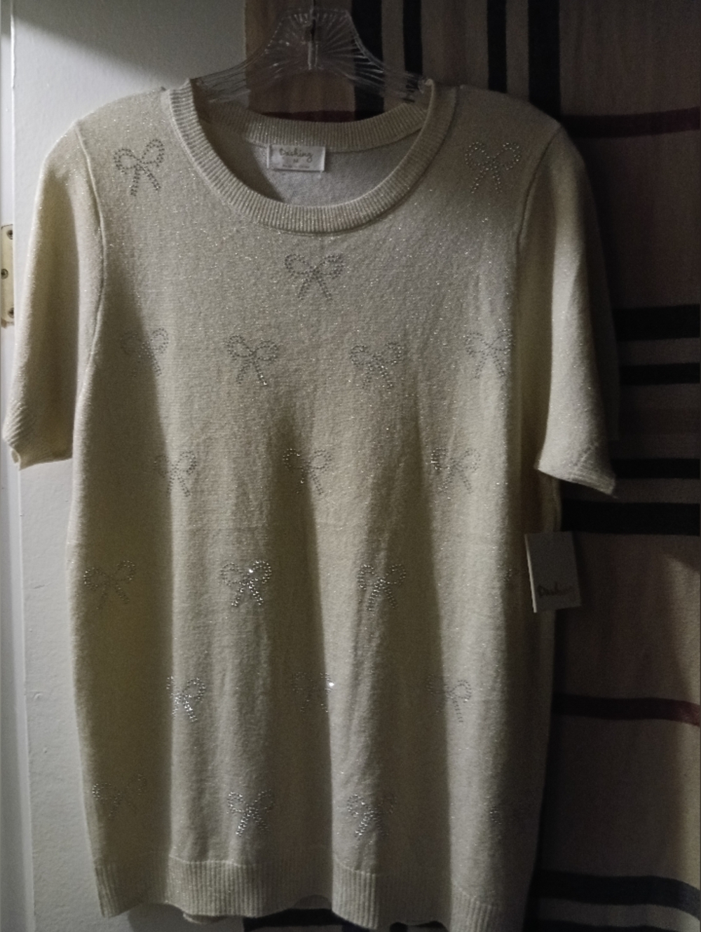 Very Beautiful 😍 Cream Short-Sleeve Sweater with Sparkle Bow Accents 👌